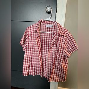 white and red blouse/button down